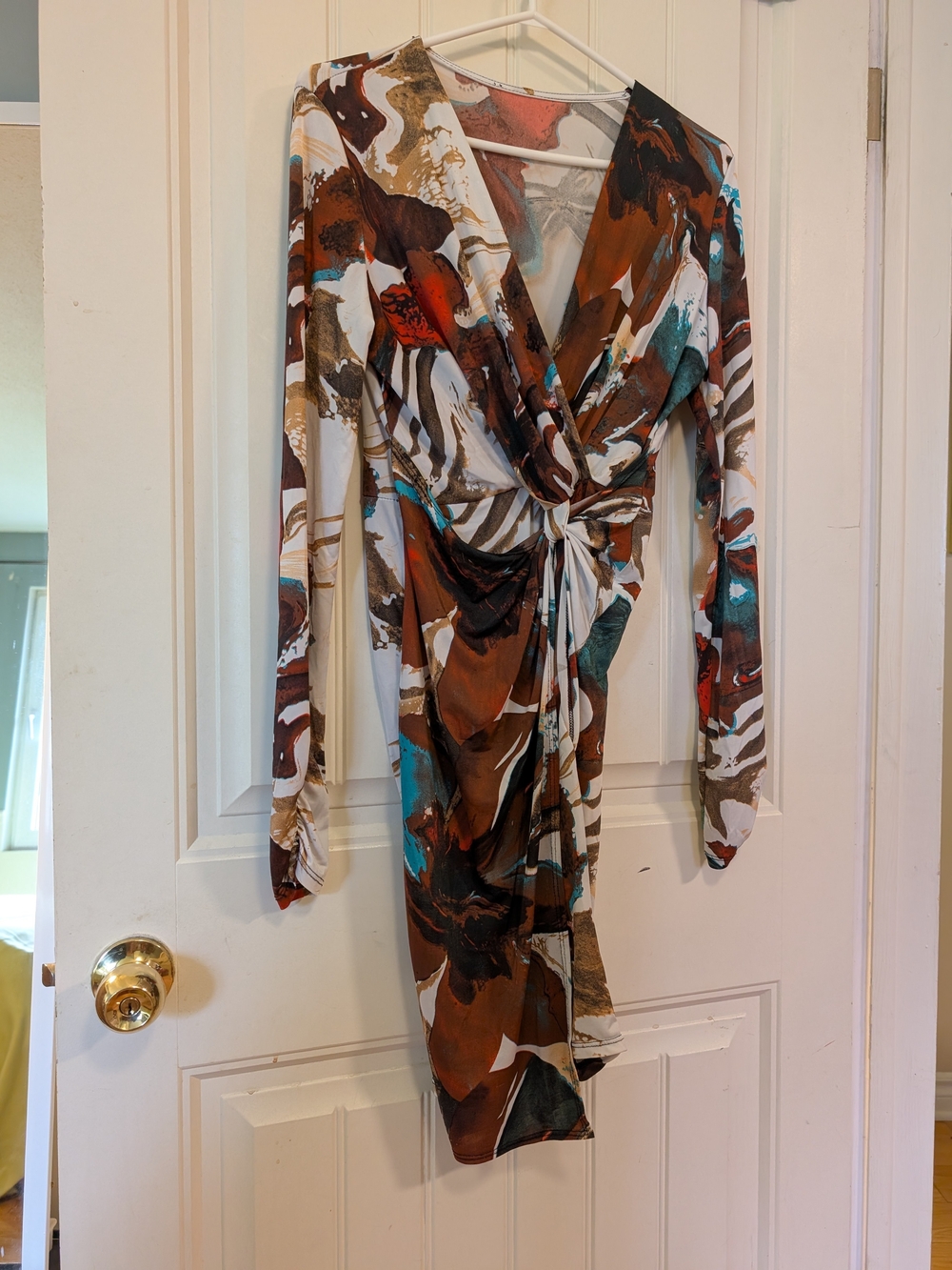Abstract Print Long-Sleeve Wrap Dress in Brown/Multi